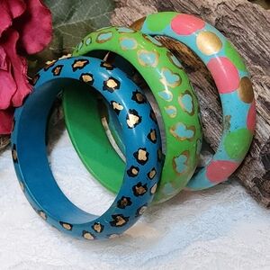 Vintage Boho Hand Painted Animal Print and Polka-dot Wood Bangle Bracelets